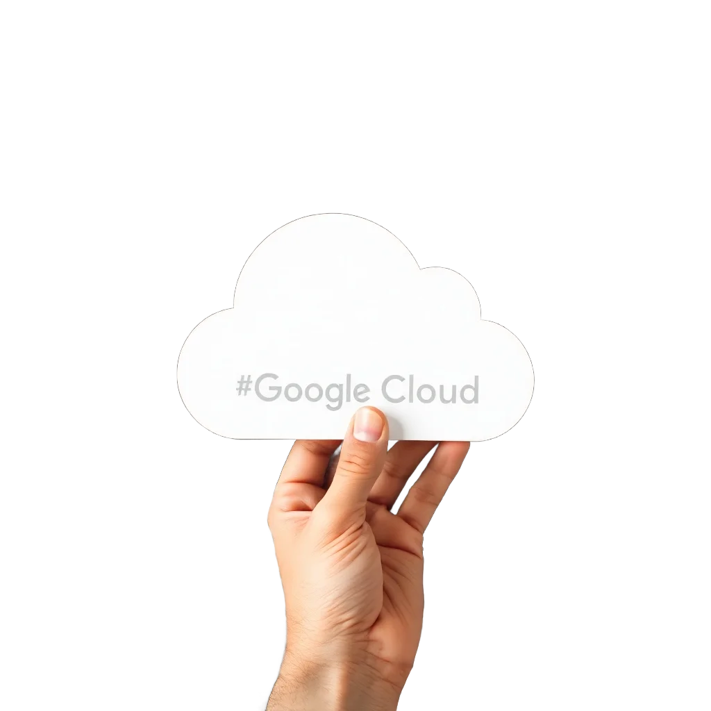 Uma mão branca segurando uma nuvem que tem escrito dentro "Google Cloud" em cinza.