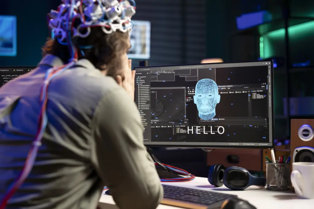Homem branco olhando para o computador dando a entender estar conversando com a IA.